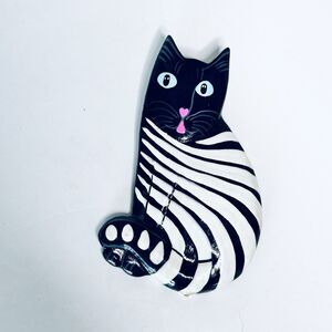 Vintage Kitty Cat Large Wood Brooch Pin Whimsical Folk Art Artisan Artsy Jewelry